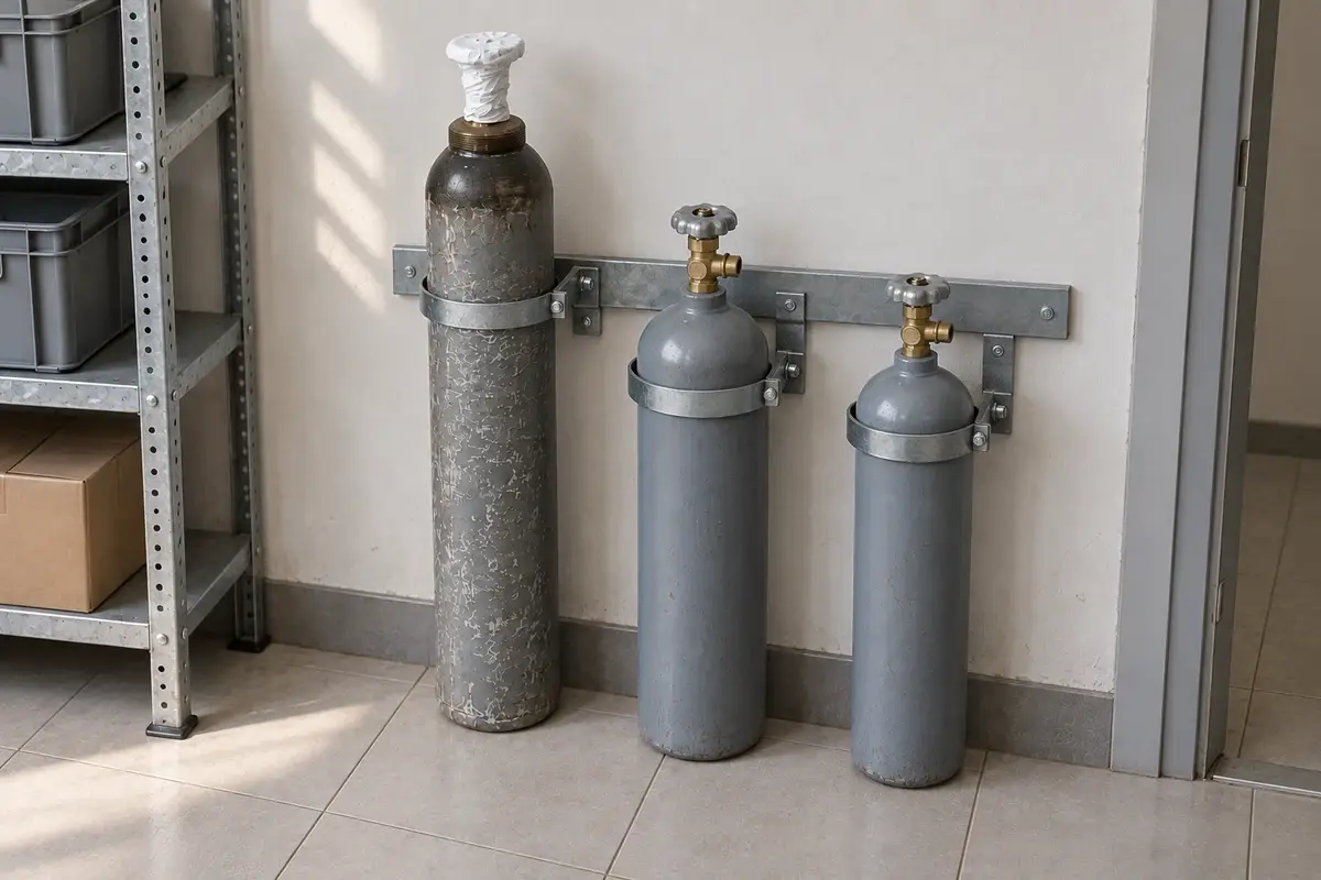 Кладовая кафе с газовыми баллонами, закреплёнными вертикально у стены